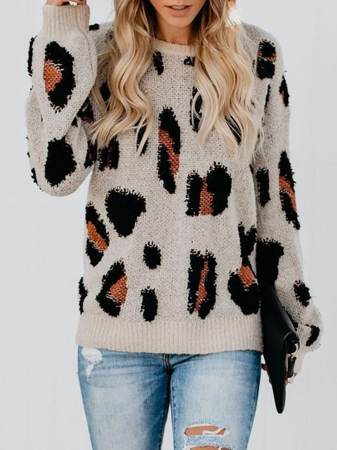 Leopard Knit Round Neck Sweater-Pinkami