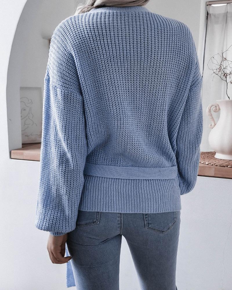 Solid Rib-Knit Surplice Tie Side Sweater-Pinkami