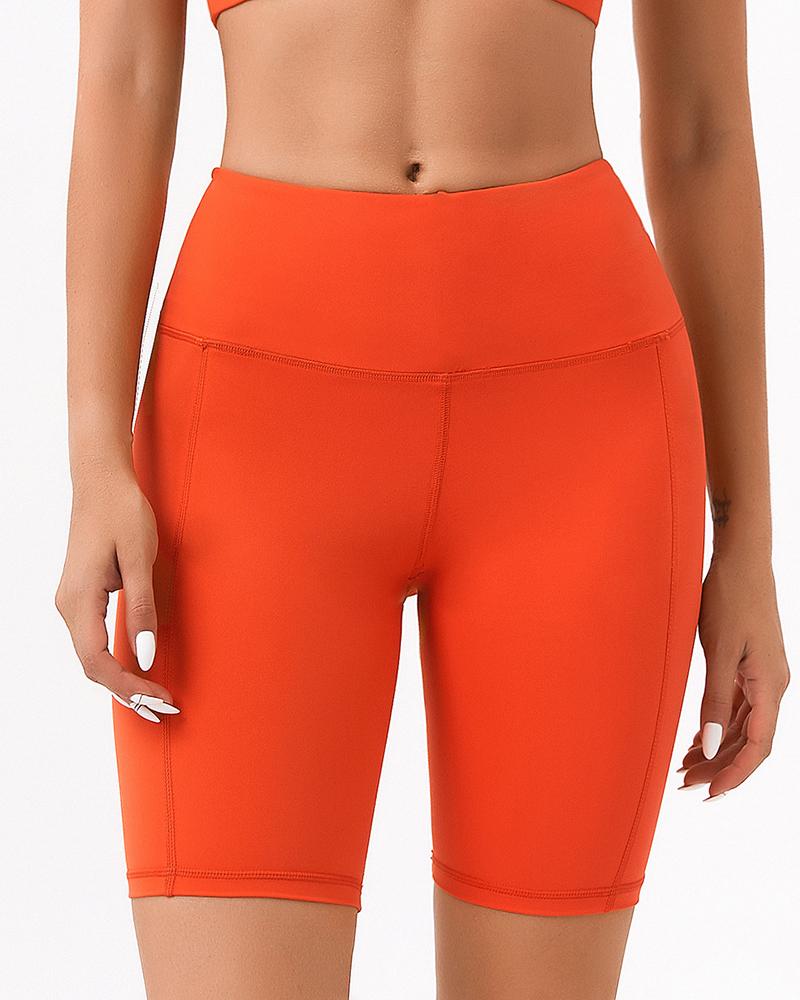 Solid Stitch Trim High Waist Biker Sports Shorts-Pinkami