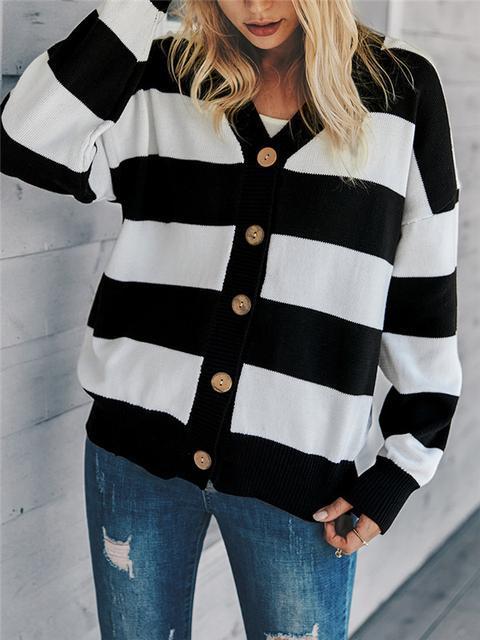 Color Block Buttons Up Sweater Cardigan-Pinkami