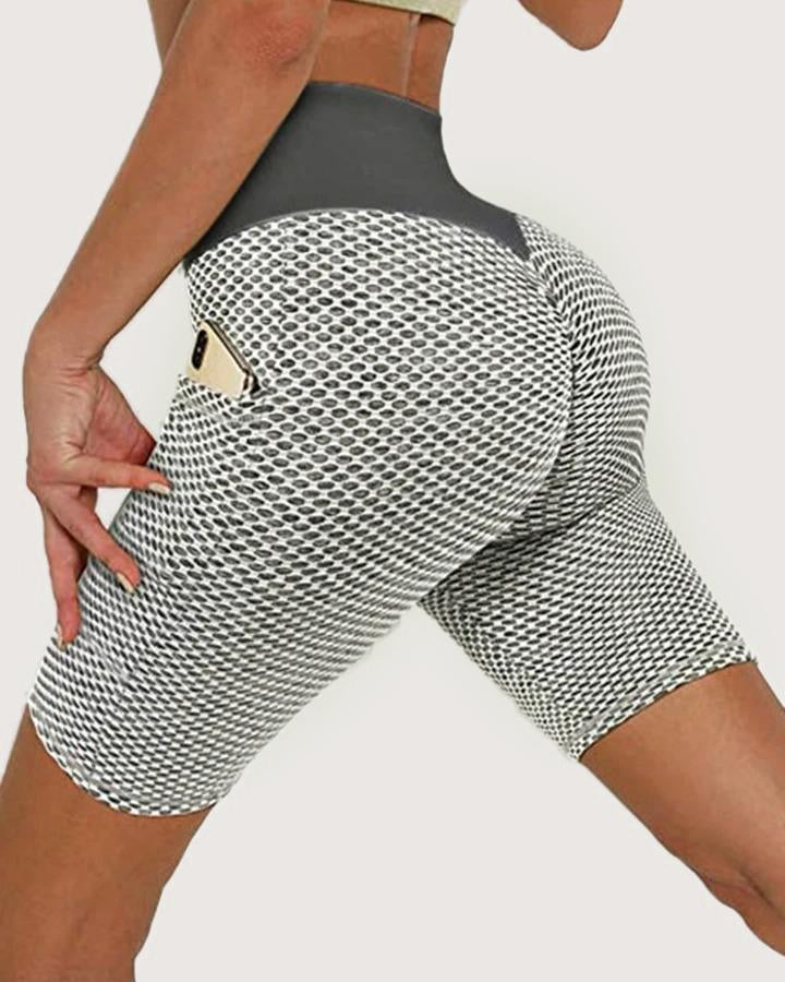 Solid Textured Butt Lift Pocket Detail Sports Shorts-Pinkami