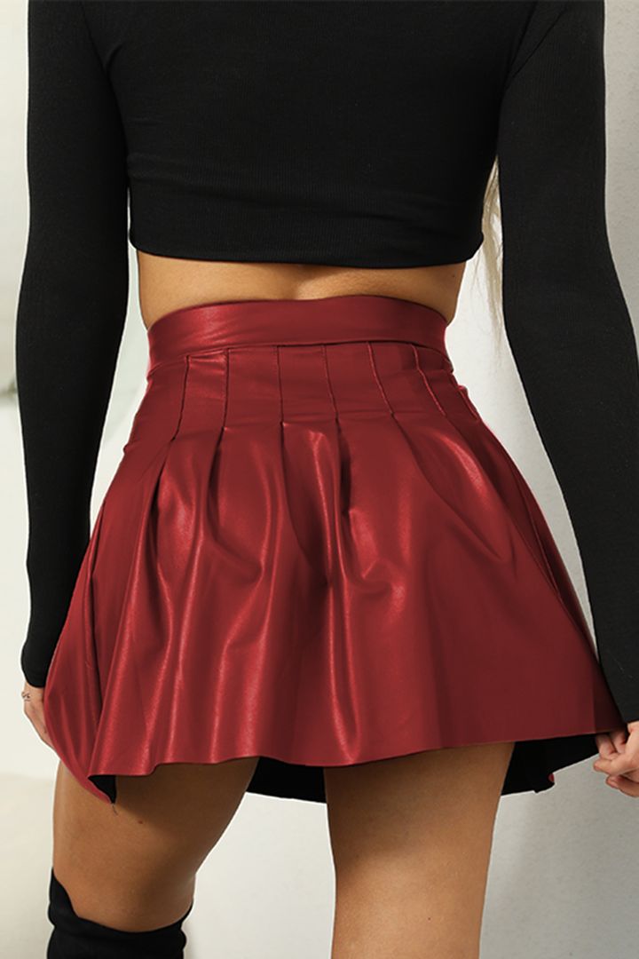 PU Leather Solid Pleated High Waist Mini Skirt