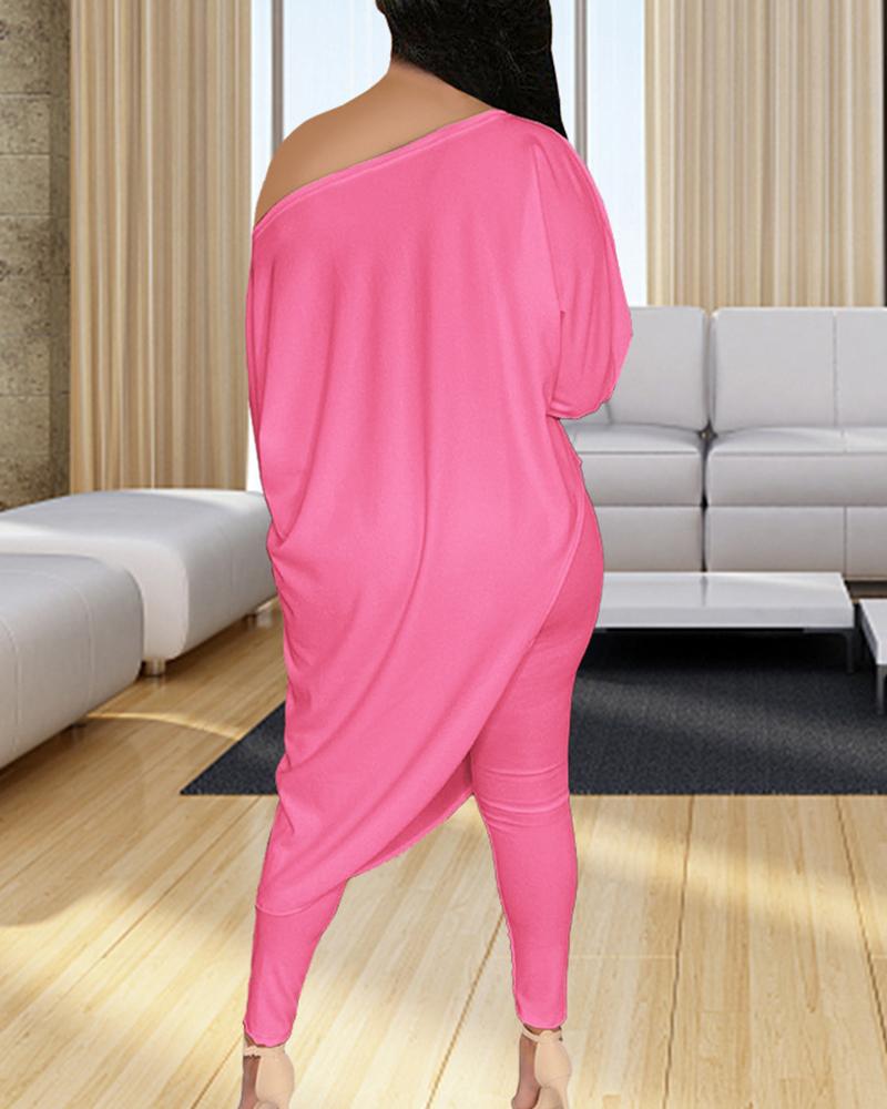 Solid Boat Neck Asymmetrical Long Sleeve Top & Pants Set-Pinkami