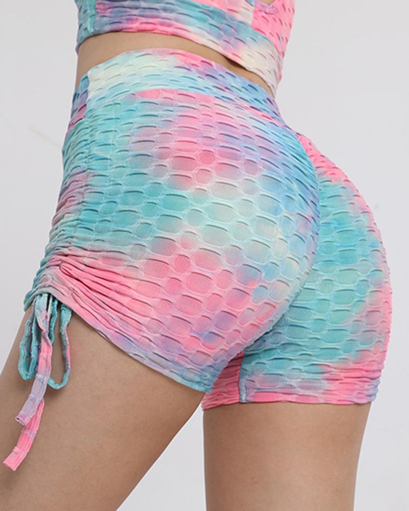 Tie Dye Textured Drawstring Side Butt Lifting High Waist Sports Shorts-Pinkami
