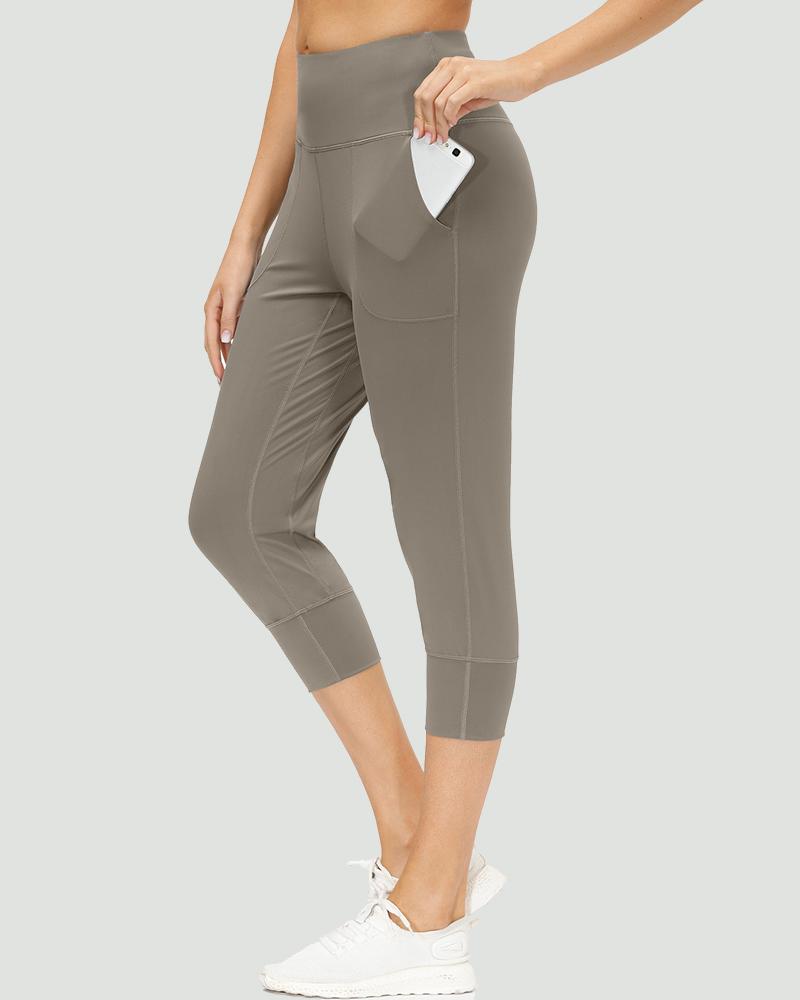 Slant Pocket Wide Waistband Elastic Hem Sports Leggings For Women-Pinkami