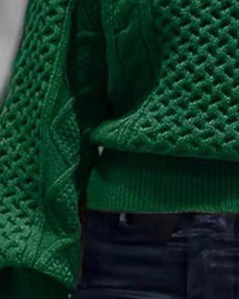 Solid Mixed Knit Lantern Sleeve Asymmetrical Neck Sweater-Pinkami