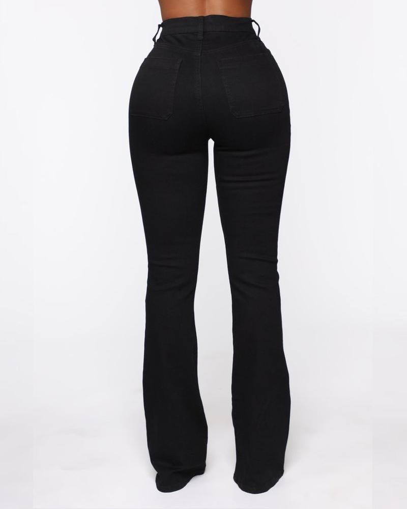 Women Button Fly Booty Shaping High Waist Flare Jeans-Pinkami