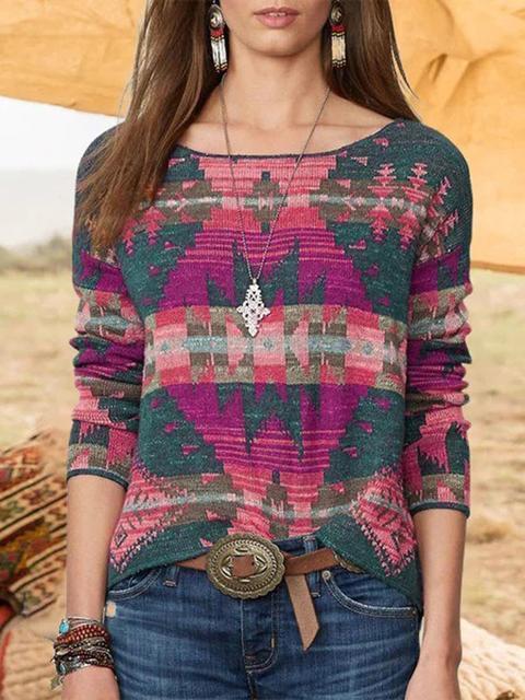 Round Neck Bohemia Print Sweater-Pinkami