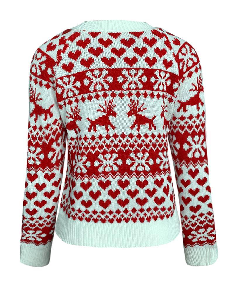 Elk & Snowflake Print Contrast Binding Ribbed Sweater-Pinkami