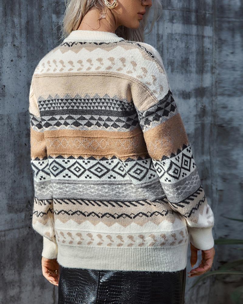 Vintage Stripe Drop Shoulder Round Neck Sweater-Pinkami