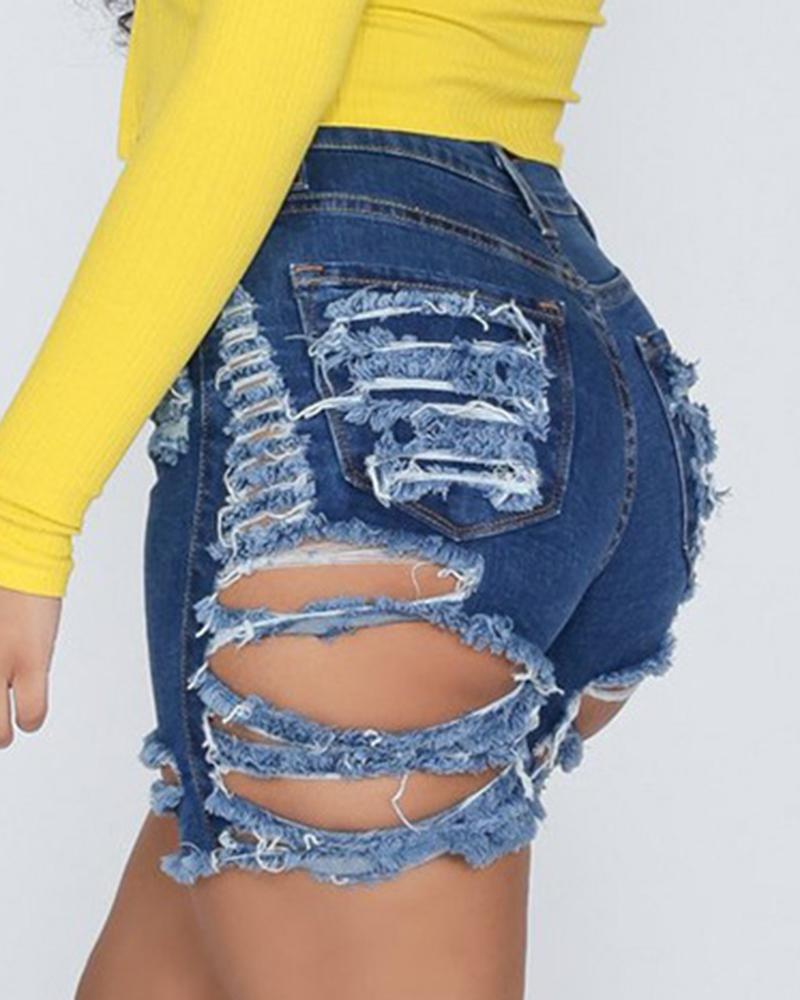 Women Ripped Cut Out Pocket Detail Raw Hem Denim Shorts-Pinkami