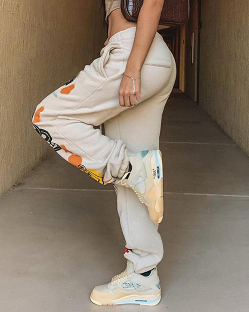 Cartoon Print Drawstring Front Pocket Detail Sports Pants For Women-Pinkami