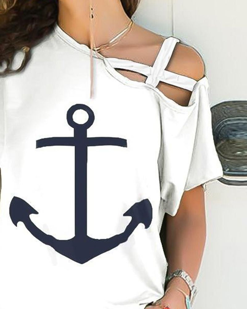 Sign Print Criss Cross Asymmetrical Neck T-Shirt-Pinkami