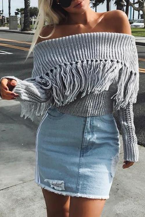 Tassel Word Collar Off-shoulder Sweater-Pinkami