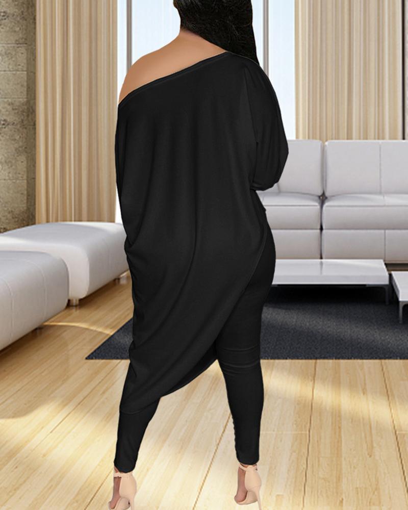 Solid Boat Neck Asymmetrical Long Sleeve Top & Pants Set-Pinkami