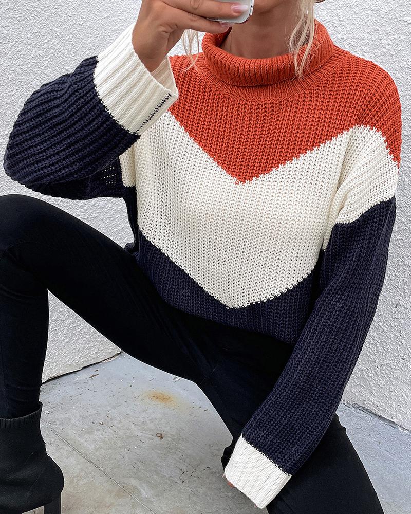 Colorblock High Neck Long Sleeve Sweater-Pinkami