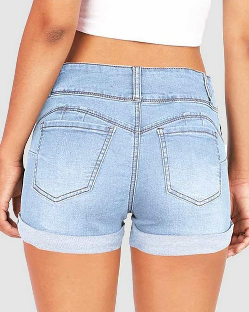 Women High Waist Button Front Roll Up Hem Denim Shorts-Pinkami