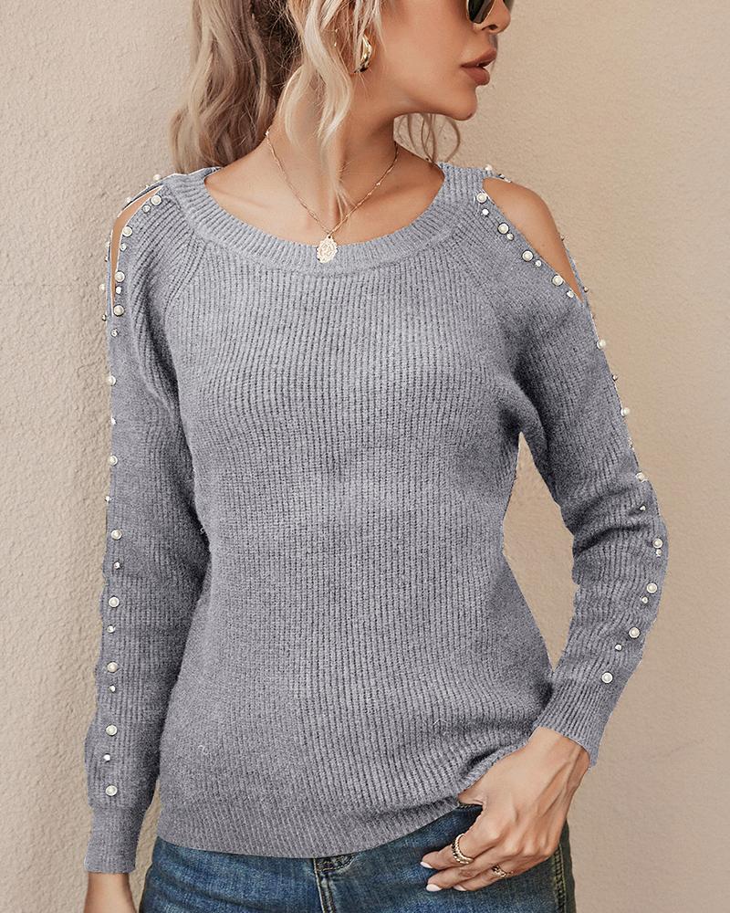 Ribbed Beaded Cold Shoulder Sweater-Pinkami