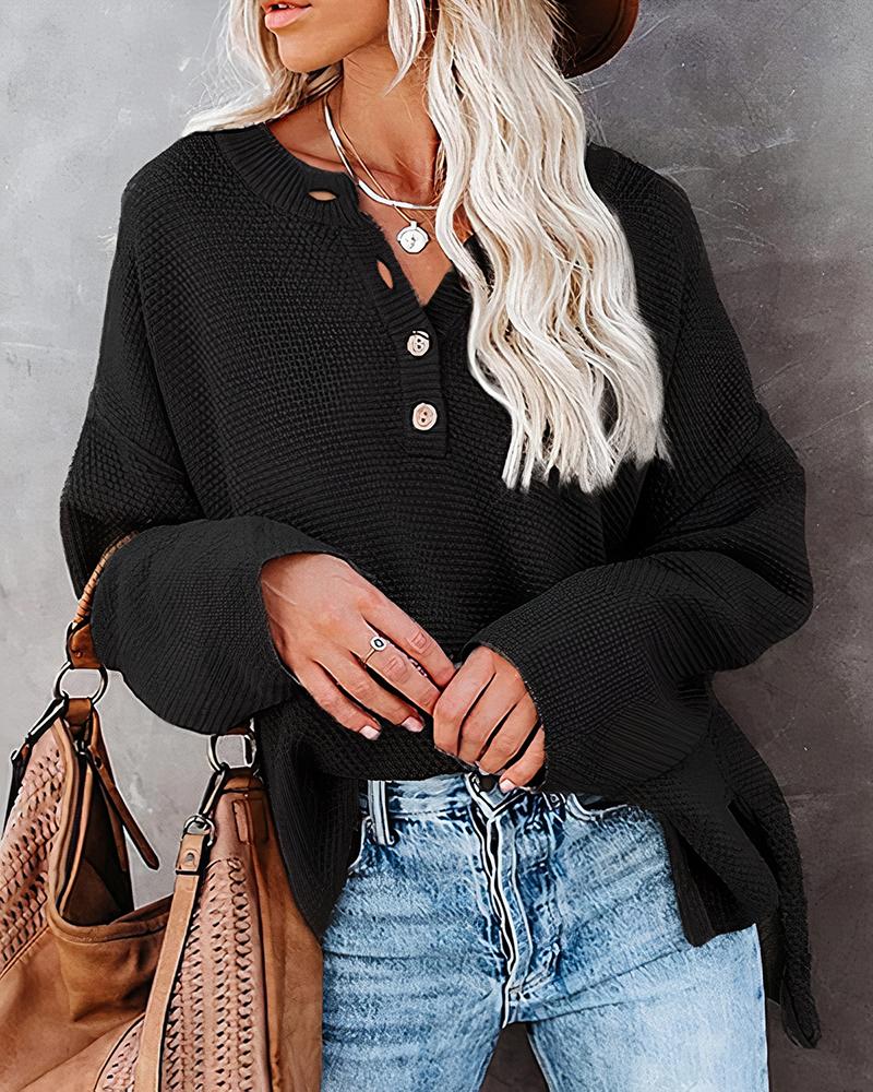 Solid Waffle Knit Topstitching Split Hem Button Detail Sweater-Pinkami