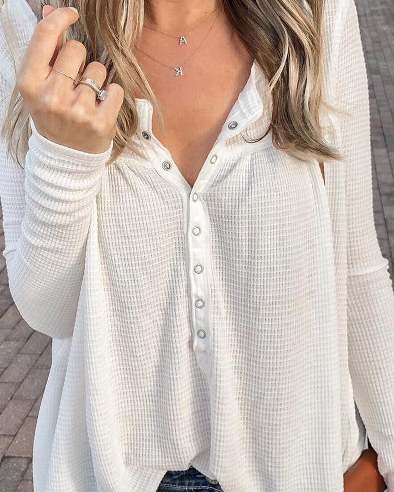 Solid V Button Neck Knit Blouse-Pinkami
