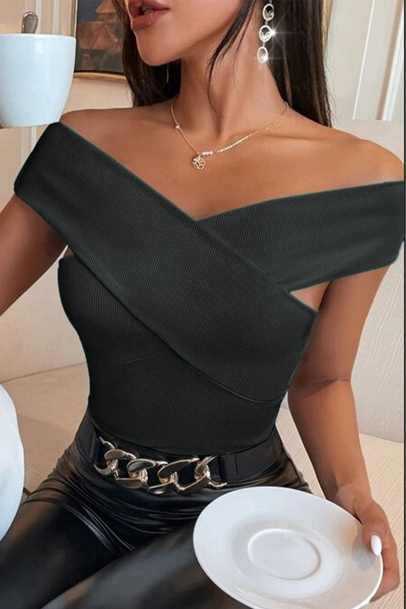 Solid Ribbed Criss Cross Off Shoulder T-Shirt-Pinkami