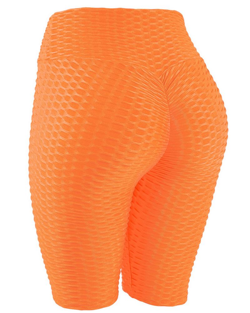 High Waist Ruched Textured Sports Shorts-Pinkami