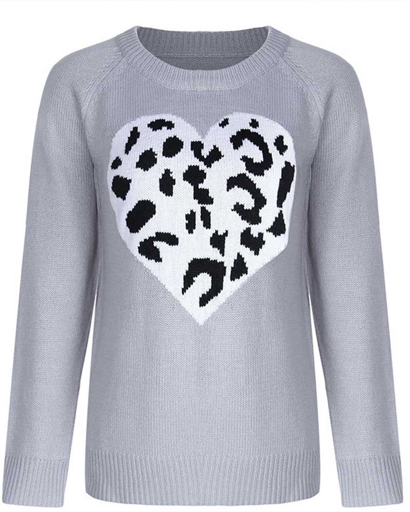 Leopard Heart Pattern Print Rib-Knit Sweater-Pinkami