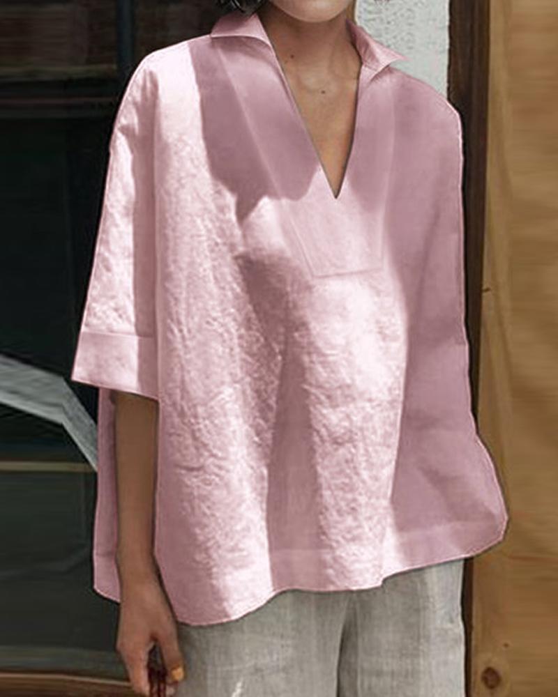 Linen V-Neck Loose Top-Pinkami
