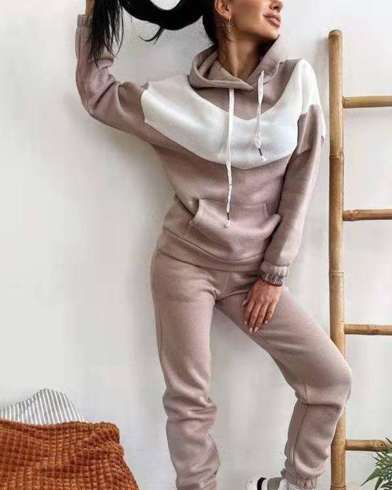 Two Tone Chevron Pattern Hoodie & Pants Set-Pinkami