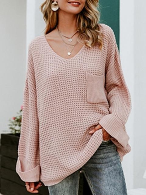 V Neck Loose Solid Sweater-Pinkami