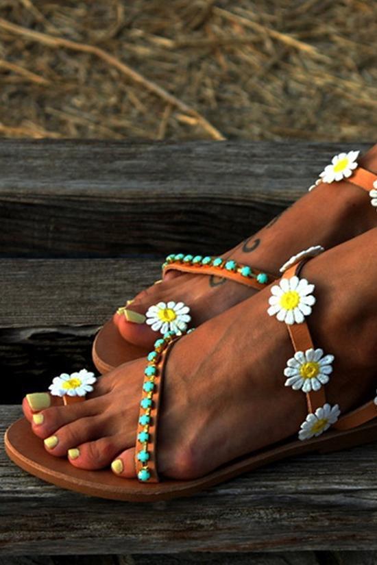 Boho Bead Daisy Embellished Flat Sandals-Pinkami