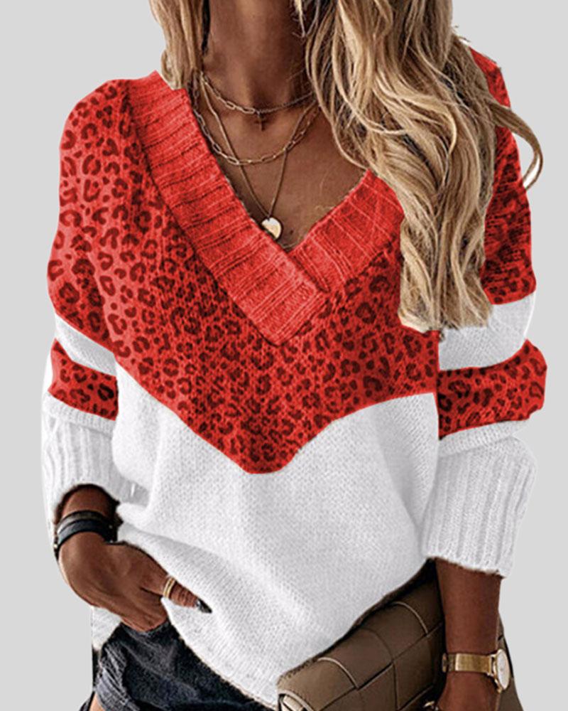 Colorblock Leopard Print Overlap Collar Sweater-Pinkami