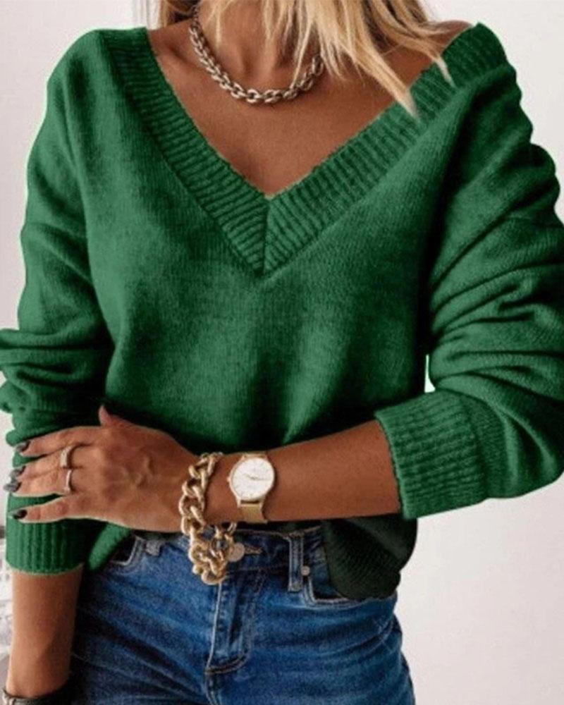 Solid V Neck Drop Shoulder Sweater-Pinkami
