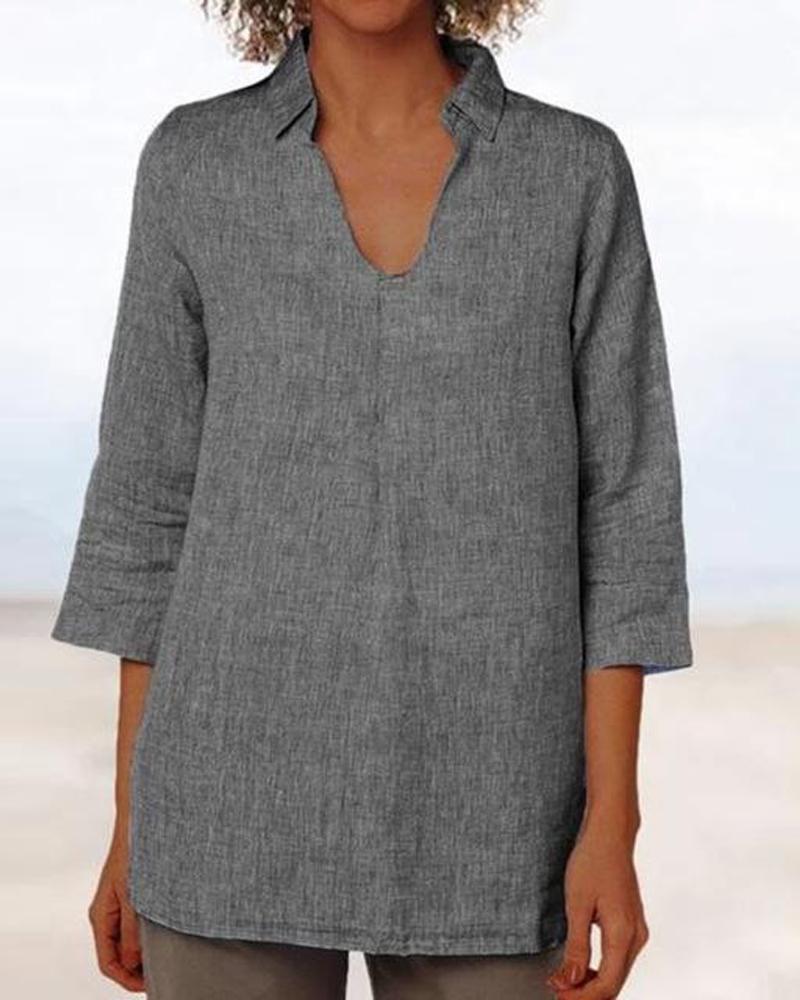 V Neck Collared Linen Top-Pinkami