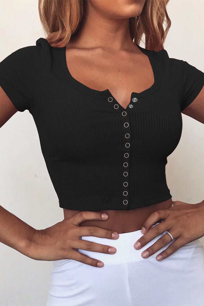 Button Through Ribbed Crop T-Shirt-Pinkami