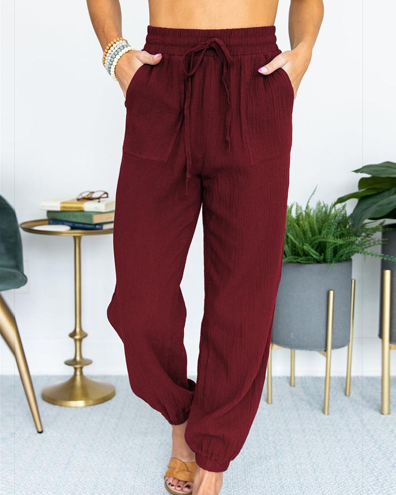 Solid Slant Pocket Drawstring Waist Joggers For Women-Pinkami