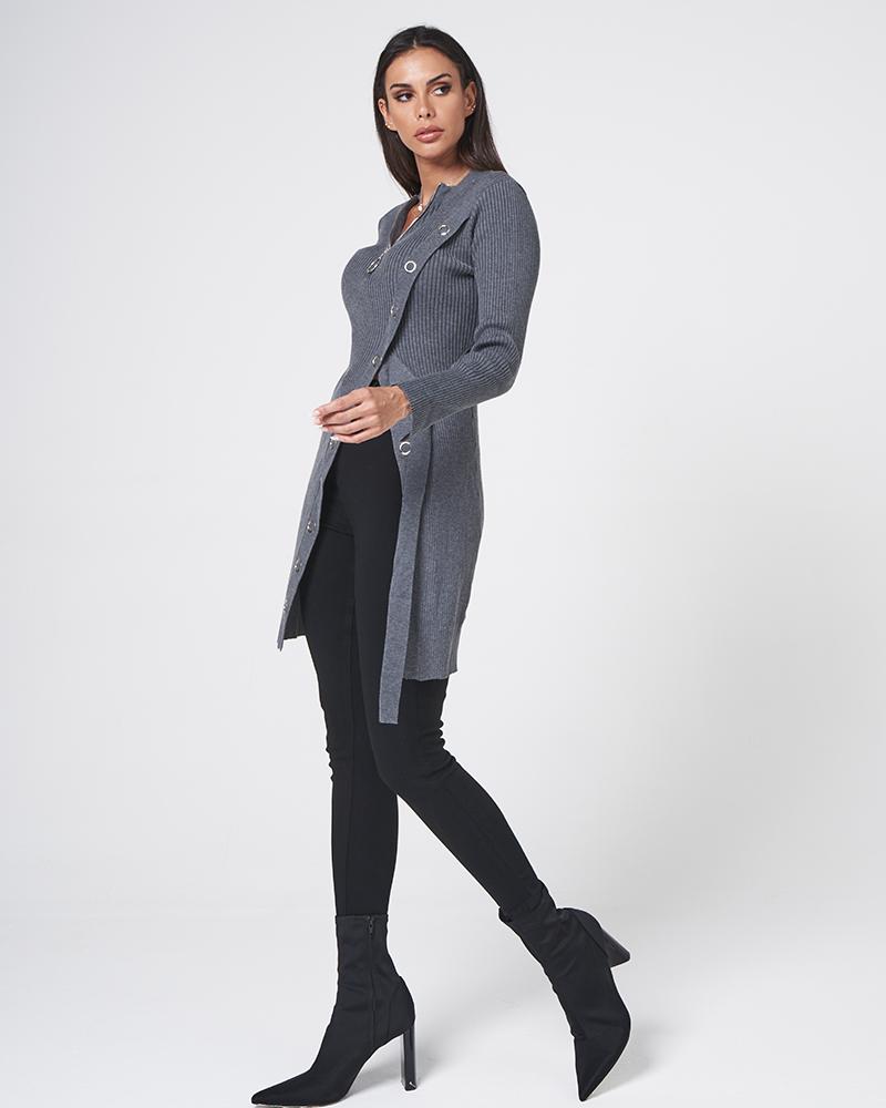 Solid Ribbed Ring Detail Split Hem Sweater-Pinkami