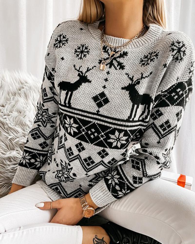 Christmas Print Contrast Binding Rib-Knit Round Neck Sweater-Pinkami