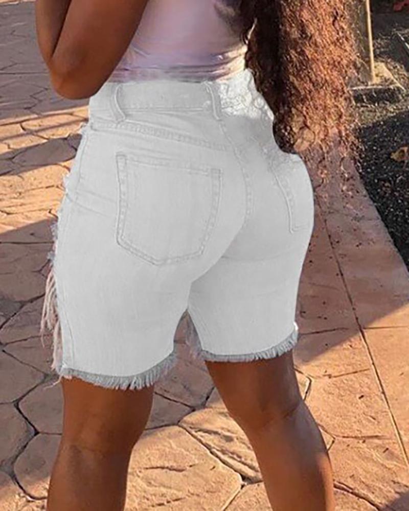 Women Ripped Hollow Out Denim Shorts-Pinkami