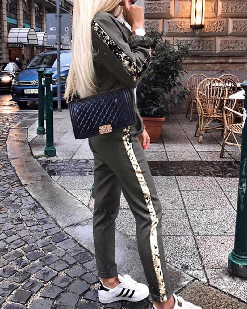 Sequins Decor Tape Zip Up Front Top & Cropped Pants Set-Pinkami