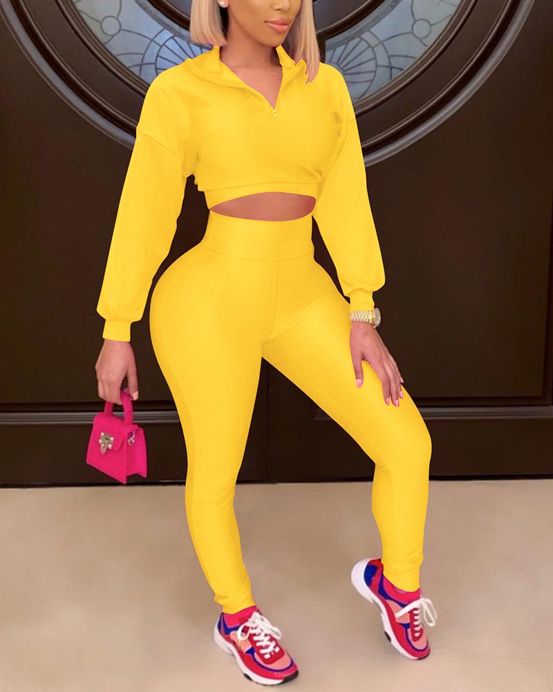 Solid Zip Front Crop Top & Skinny Pants Set