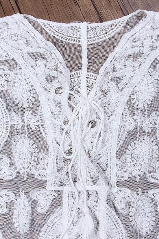 Tie String Front Scalloped Sheer Lace Crochet Boho Kaftan Cover Up-Pinkami