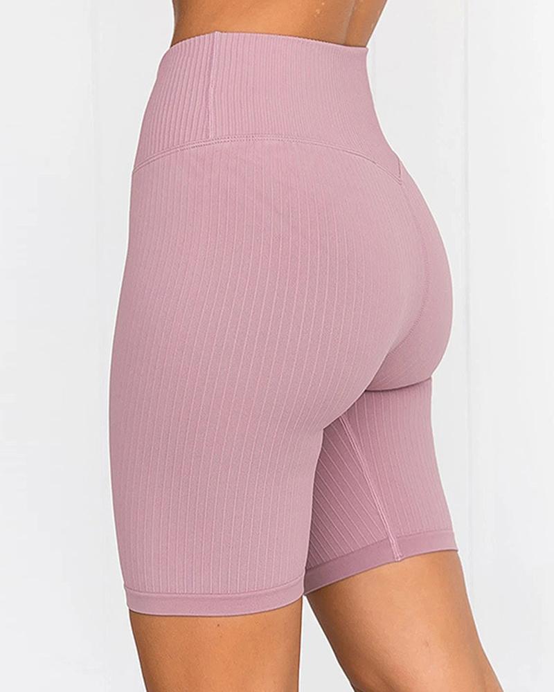 Rib-knit Wide Waistband Butt Lifting Sports Shorts-Pinkami