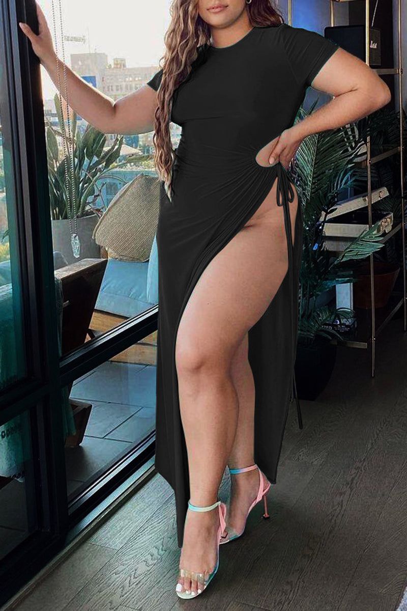 Drawstring Cut Out Slit Side Maxi Dress