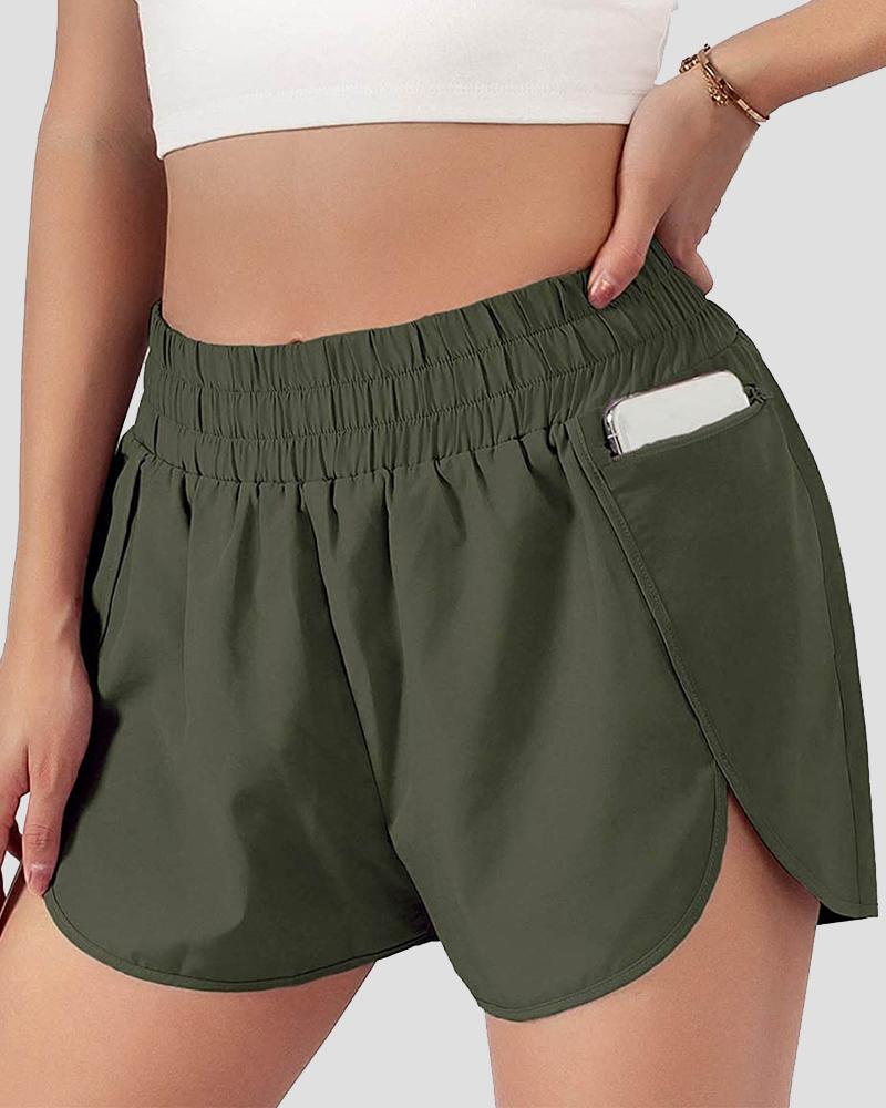 Pocket Decor Overlap Hem High Waist Sports Shorts-Pinkami