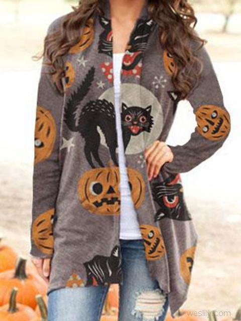 Halloween Animal Cat Pumpkin Print Cardigan-Pinkami