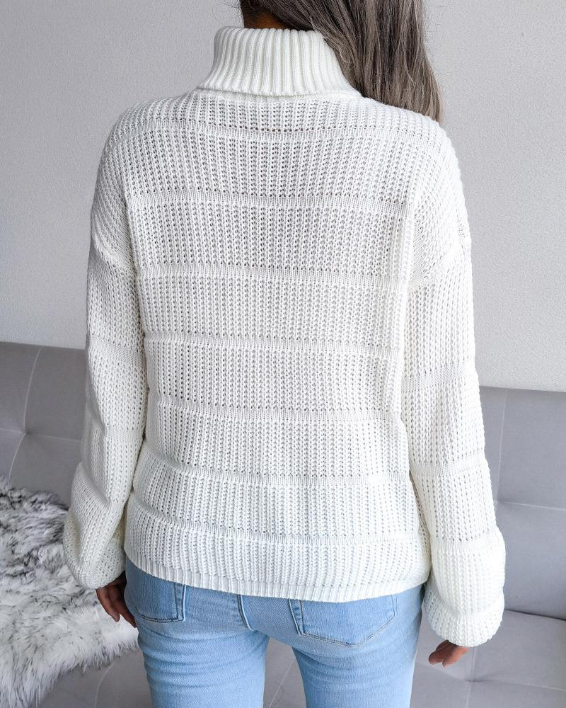 Solid Ribbed High Neck Long Sleeve Sweater-Pinkami