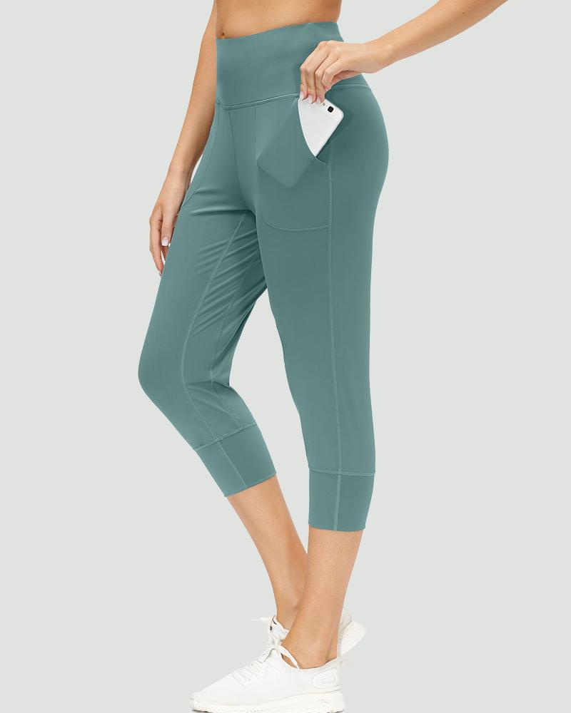 Slant Pocket Wide Waistband Elastic Hem Sports Leggings For Women-Pinkami