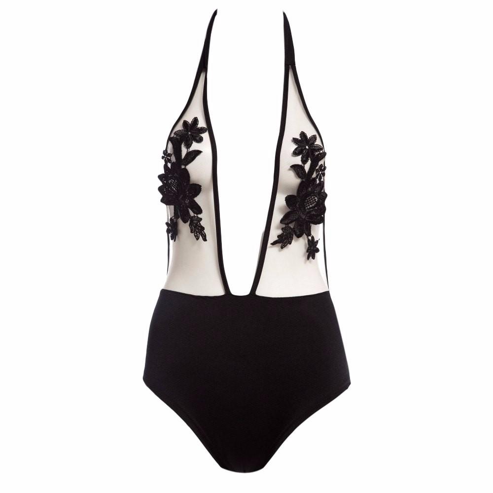 Black Halter Hollow Out Floral Lace-up Sheer Mesh Lace Bathing Suit-Pinkami