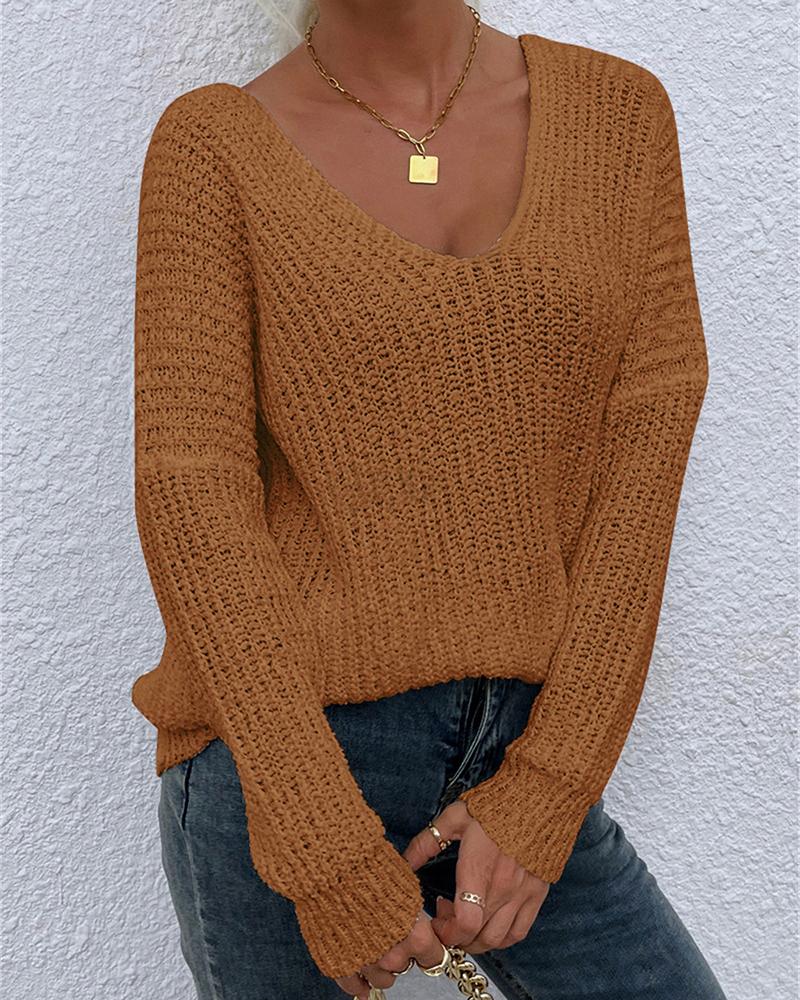 Solid Chunky Knit V Neck Sweater-Pinkami